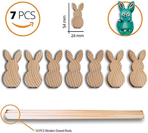 Wooden Easter Bunny Decorations -- set of 7pcs Small Bunny (0.94-Inch x 2.12-Inch) Cutout Shape and 10 pcs Wooden Dowels(12-Inch x 1/8-Inch). Nice Wooden Shapes. Children's ART CRAFT for Easter