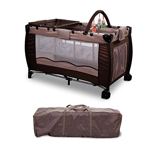 Homcom Portable Baby Child Travel Cot Playpen Play Pen Bed Bassinet Brown Entryway