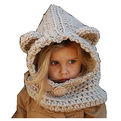 Freessom Bonnet Echarpe Cape Hiver Cagoule Ours Unisexe Bebe Enfant Garcon Fille Mignon Kawaii Chaud Tricote Laine Chapeau Bobs Protection D'oreilles (Beige)