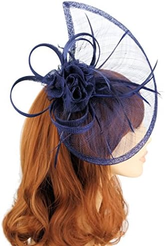 Stunning Navy Blue Large Gathered Tear Drop Shaped Sinamay Feather Hair Fascinator - Headband