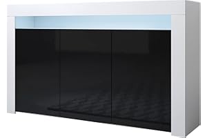 MB Muebles Bonitos | Modernes Sideboard Aker | Breite 155 x Höhe 91,5 x Tiefe 37 cm | Glänzendes Melamin | Weiß und Schwarz
