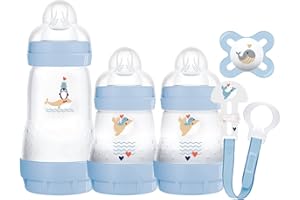 MAM Welcome to The World Set | Baby Gift Set with 3X Feeding Bottles, 0-2 Month Soother and MAM Dummy Clip | Baby Accessories for Newborn | Blue (Various Designs)