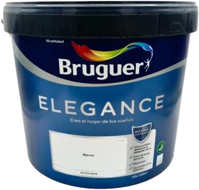 Bruguer ELEGANCE Pintura Monocapa ExtraMate, Paredes y Techos, Interior, Exterior protegido, Alta Durabilidad, UltraLavable, Resistente al Desgaste y Manchas Blanco 10L