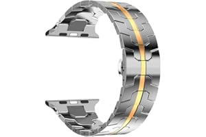 MaKTech Opaska na Nadgarstek ze Stali Nierdzewnej,Cienki,Solidny,Wklęsły i Wypukły,Inkrustowany Metalowy Pasek,Kompatybilny z Apple Watch Series 9/Ultra 2/SE/8/7/2023 (45mm/44mm/49mm,Srebro/Złoto)