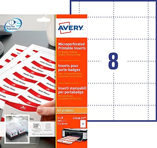 3xAvery L7418-25 Printable Name Badge Insert Refills (A4 Sheet of 86 x 55 mm Inserts, 8 Badges per Sheet, 25 Sheets) - White