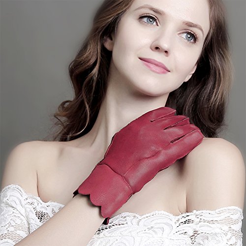 Sheepskin wool warm gloves riding one glove wool thick leather gloves women,Ladies wave red