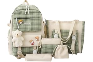 Mogame 5pcs Set Kawaii Plaid Backpack Combo Kit with Pin and Bear Pendant, Cute Children's Backpacks School Bag Handbag Tote Bag Backpack, Back to School Supplies