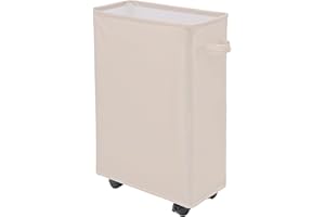 IHOMAGIC 40L Estrecho Cesto Ropa Sucia con Ruedas, Cestos para la Colada Rectangular, Bolsa de Lavandería Plegable, Pequeño Cesto de Ropa Para Toallas de baño, Equipos de fitness, Sombrillas (Beige)