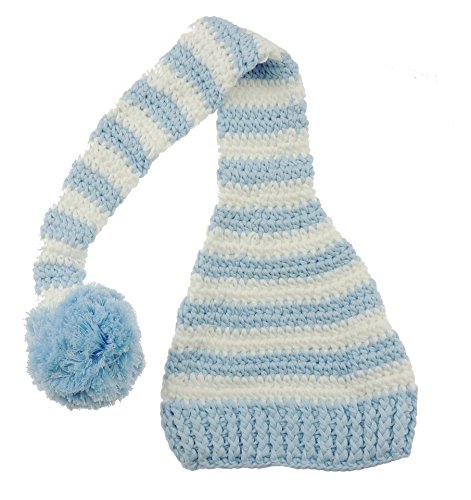 Cute New-born Baby Boys Knitted Long Tail Beanie Winkie Hat Large Fluffy Bobble- Baby Blue and White