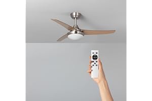 TECHBREY Ventilatore da Soffitto con luce LED Neil Legno, 3 pale in legno, corpo in acciaio inox, silenzioso, 6 velocità, telecomando, diametro 107 cm, motore DC