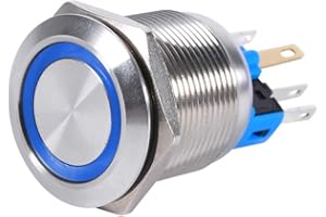 Ftory Interruptor de botón LED-22mm 12V LED 6 Pines Interruptor de botón pulsador de Bloqueo automático Inoxidable Impermeable(Anillo LED Azul)