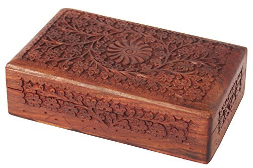 Super India Store Encantador Mano Tallada Amplia Floral Decorativo Tallado Joyero Joyas Caja de Madera 8 x 5 Pulgadas