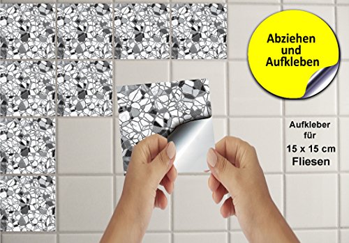 30 stück Fliesenaufkleber für Küche und Bad (Tile Style Decals 30xTP 10 – 6in- Grey Scale) | Mosaik Wandfliese Aufkleber für 15x15cm Fliesen | Fliesen-Aufkleber Folie | Deko-Fliesenfolie für Küche u. Bad (15cm – 30 stück, Graustufen) - 3