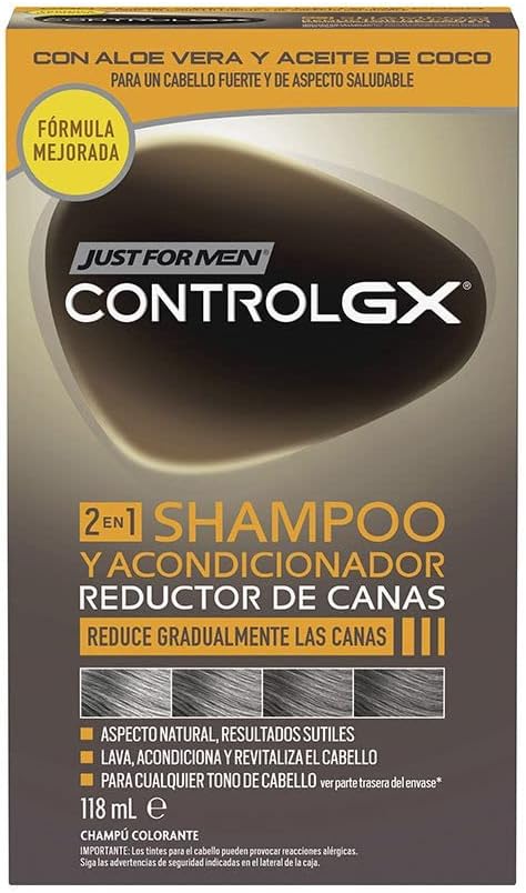 Just For Men Control GX Champú Y Acondicionador para Canas Hombre, Reduce Las Canas Gradualmente en Cada Lavado, Para Todos Los Tonos, 118ml