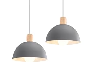iDEGU Lot de 2 Lustres Suspensions Rétro Suspension Luminaire Moderne Style Demi-Cercle Plafonnier E27 en Bois Métal Lampe Suspension pour Chambre Salle à Manger Cuisine, Ø 20CM (2 Pack Gris)