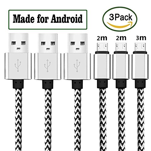 Micro USB Kabel 3 Stück 2m 2m 3m Nylon Micro USB Ladekabel Datenkabel mit Aluminum Kopf für Tablets, Kindle, PS4 Controller, MP3 Player, Samsung, HTC, Sony, Blackberry, Nexus, LG und alle anderen Geräten mit Micro USB 2.0 Anschluss