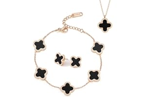 TOFBS Conjuntos de Joyas Trébol de Cuatro Hojas para Mujer Niñas 18K Oro Rose Plateado Acero Inoxidable Doble Cara Negro Blanco Collar Pendientes Pulsera Juego de Joyas (Negro)
