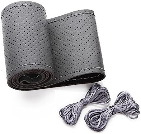 AULLY PARK Leather Car Steering Wheel Cover Stitching Style with Needle and Thread (Size S, Grey)