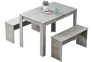 Huisen Furniture Wooden Dining Table and 2 Benches Grey for Kitchen 3 Piece Small Dinette Table and Chairs Set with 4 People Small Apartment