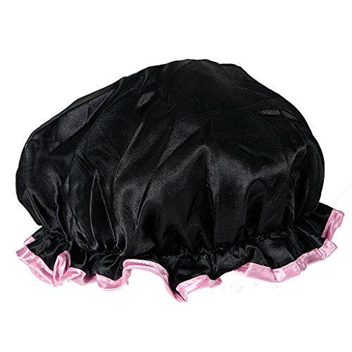 BLACK LADIES SHOWER CAP SILK SATIN WOMENS WATERPROOF ELASTICATED BATH HAT SALON HAIR