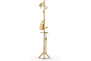 Awatiwa Solid Wood Coat Rack, Freestanding Tree-Shaped Coat Rack with 11 Hooks, Main Pole 1.6" dia (3-Leg Base, Natural Beige)