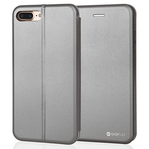 iPhone 7 Plus Case, iPhone 8 Plus Case by Caseflex Grey [PU Leather] Lightweight & Slim Wallet [Stand Folio] Cover [ID / Card Slot]] – Exact Fit for iPhone 7 Plus (2016) & iPhone 8 Plus (2017)
