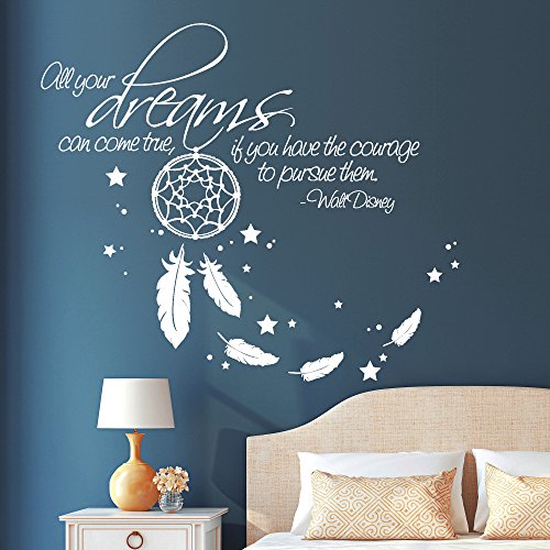 ORIGINAL Wandtattoo Loft Wandtattoo: Schriftzug "All your dreams can come true, if you have the courage to pursue them" – Walt Disney mit Traumfänger / Wandtattoo / Wandaufkleber / 54 Farben / 3 Größen / weiß / 80 cm hoch x 93 cm breit