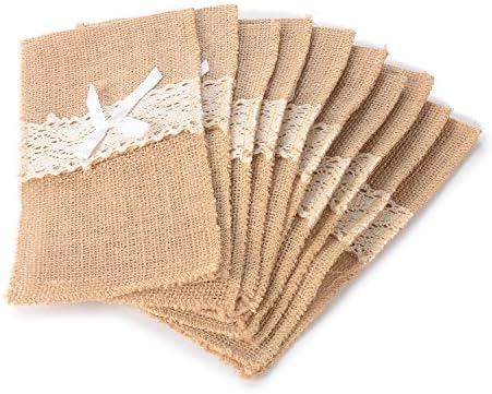 Advantez 10-Pack 4"x 8" Jute Burlap Lace Silverware Holder Burlap Jute Hessian and Lace Wedding Decor Cutlery Bag Tableware Holder Pocket