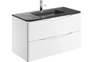 GO BATHROOMS Eaton 900mm White Bathroom Vanity Unit Wall Hung Storage Includes Grey Glass Basin Gloss Finish Bathroom Furniture