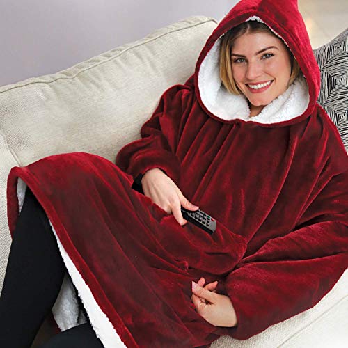 Preisvergleich Produktbild Sherpa tragbare Bademantel-Decken, Fleece-Plüsch-Ärmel, TV-Überwürfe, superweich, warm, bequem, große Kapuzen-Bademantel, Weihnachtsgeschenke, für Erwachsene und Damen / Herren rot