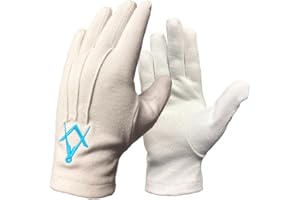 Regalia Store UK 100% Cotton White Masonic Gloves with Turquoise Blue Square & Compass Embroidery | Soft & Reusable | Premium Gift for Freemason Man