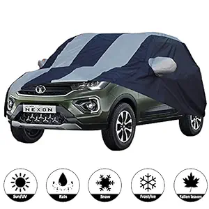 AllExtreme TN7005 Car Body Cover for Tata Nexon Custom Fit Dust UV Heat Resistant for Indoor Outdoor SUV Protection (Blue & Silver with Mirror)