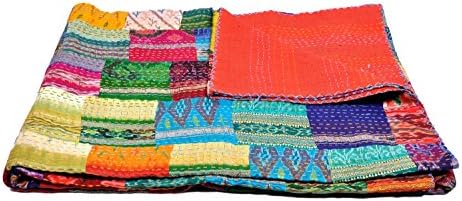 Online Big BazarQueen Kantha Quilt, Indian sari quilt, Size Silk Sari Patola Patch work Reversible Recycled Craft, Vintage Kantha Throw,Indian Handmade Gudri Bedspreads