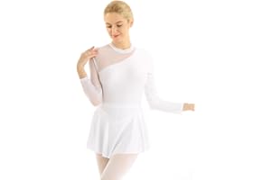 IEFIEL Vestido de Patinaje sobre Hielo para Mujer Maillot Manga Larga de Danza Ballet con Falda Tul Vestido de Baile Competición Adulto S-XL