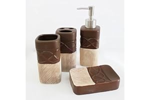 BEST VALUE HERE Bathroom Accessory Sets Ceramic Set of 4 Two Tone Brown Beige Textural Bathroom Accessory Lotion Bottle Toothbrush Holder Cup & Soap Dish