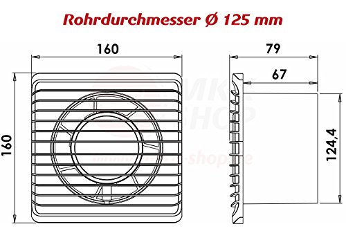 Badventilator Ø 125 mm in weiß mit Netzstecker und Kippschalter Lüfter Ventilator Front Wandlüfter Badlüfter Ventilator Einbaulüfter Bad Küche leise 12,5 cm - 2