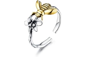 IMINI Anillo abierto ajustable de plata de ley con diseño de abeja, diseño de flores antiguas, para regalo para mujeres y niñas