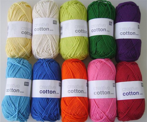 10x 50 g Creative Cotton Aran Häkelgarn Baumwolle, 10 Farben wie abgebildet oder ähnliche Farben