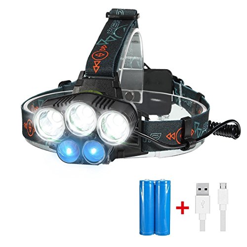 Stirnlampe , SGODDE led Kopflampe(inklusive 2 Akku), 3 x XML T6 + 2xR2 LED 18650 Kopfleuchten ideal für Nachtlese, Camping, Angeln,Abenteuer,Höhlenforschung , Bergsteigen , Klettern, Fahrrad usw