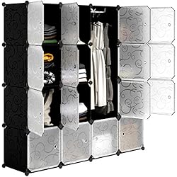 LANGRIA Garde-Robe Armoire Portable avec 16 Cubes DIY, Penderie avec Portes, Tige Suspendue, Construction Solide pour Vêtements, Chaussures, Accessoires, Conception de Motif de Frisé, Noir et Blanc