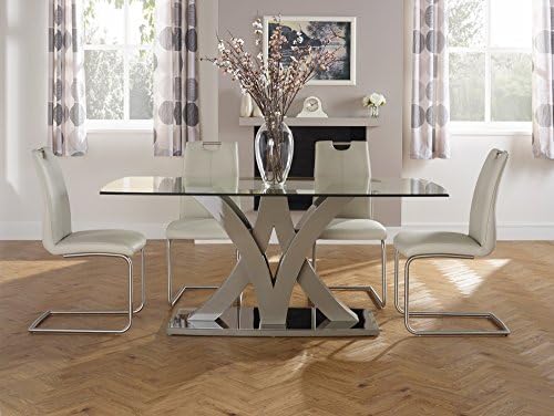 Barcelona Taupe Tempered Glass Fixed Rectangular Table & 4 Malaga Choc Grey Faux Leather Chair Brushed Stainless Steel Base - Dining Room Sets Ideal for Modern Contemporary Kitchens & Dining Rooms