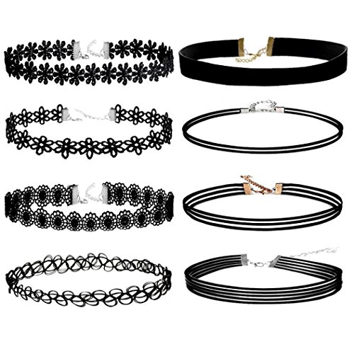 Oyedens 8Pcs Gothic Choker Necklace Set Stretch Black Velvet Tattoo Lace Choker Chain