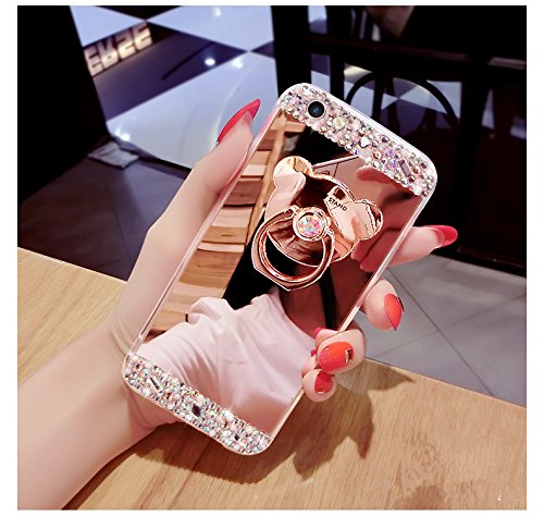 Huawei Mate 9 Hülle, Huawei Mate 9 Spiegel Hülle Mirror Case, Ukayfe [Glitzer Strass Bär Handy Ständer Ring Holder] Glitzer Silikon Hülle Huawei Mate 9 Rose Gold Plating Silikon Schutzhülle Luxus Glänzend Glitzer Kristall Strass Rahmen Weich TPU Handy Tasche Ultra Dünn Silikon Weich Crystal Handyhülle mit Make Up Spiegel Mirror Kratzfeste Handy Tasche Schale Etui Bumper für Huawei Mate 9 – Bär Rose Gold - 2
