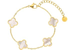 DIAMOND MODE Kleeblatt Armband Damen Gold – Schmuck 18K vergoldet, Clover Perlmutt, Chirurgenstahl 316L, wasserfest, verstellbar 16–20 cm – Geschenk