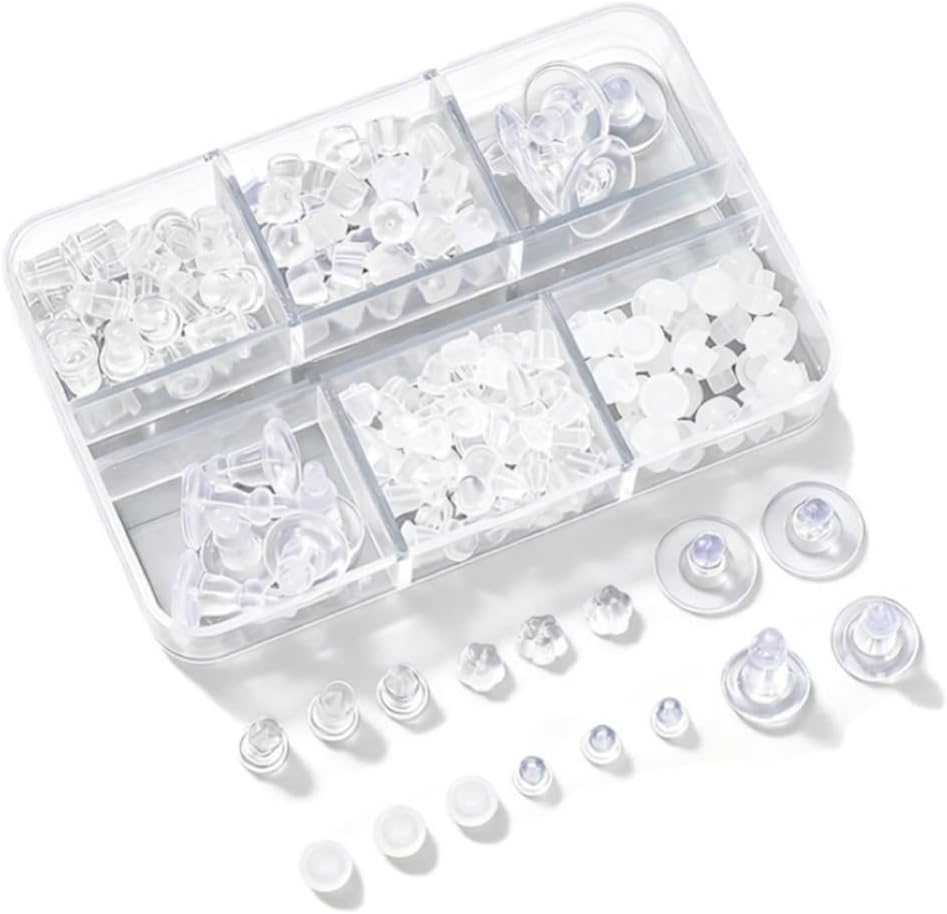 288 piezas 6 estilos de cierres transparentes para aretes, tapones de bala de silicona hipoalergénicos para orejas sensibles, joyería DIY y reparación de aretes, con caja de almacenamiento