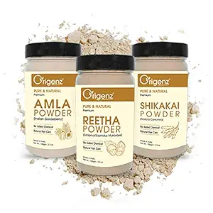 Origenz Premium Amla, Reetha, Shikakai Powder Combo Pack for Healthy Hair (100gm, Pack of 3)