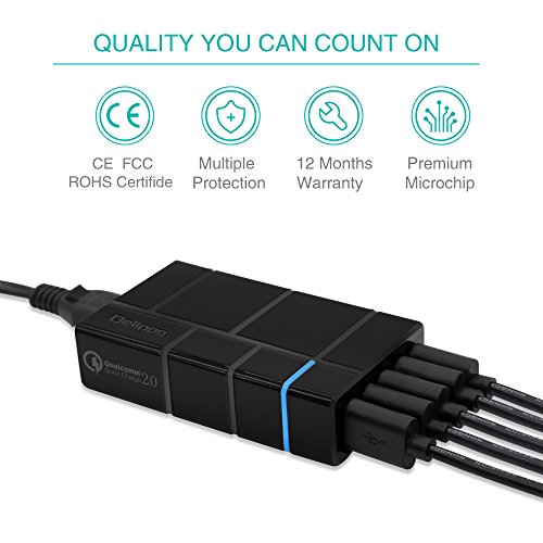 Delippo® QC 2.0 Multi USB Wand Ladegerät 50W 10A 5-Port USB Desktop Ladestation für Apple Android Smartphones/Tablets PSP MP3/MP4 USB Powered Mobile Geräte (Schwarz) - 3