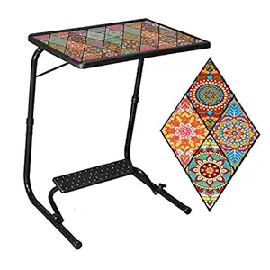 TABLE MAGIC Multipurpose Laptop Table Mat Finish Top PP Steel 53 * 40 * 73cm - 6 Heights 3 Angles Adjustable & Foldable (Mandala Black, Modern with footrest, Alloy Steel)