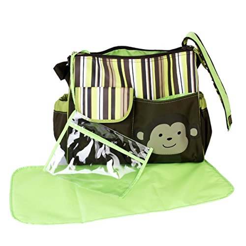 Cute Monkey Print Multi-functional Large Capacity Baby Diaper Nappy Changing Pad Travel Mummy Handbag Tote Bag Shoulder Bag Crossbody Messenger Bag (Green)