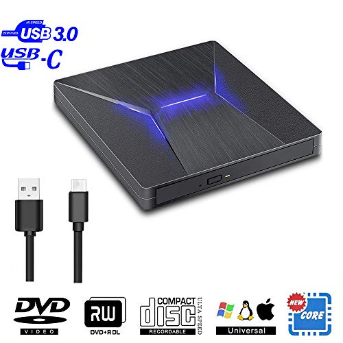 soyin Unidad Externa CD DVD, USB3.0 + Tipo C Puerto Dual Transferencia Datos portátil Alta Velocidad, Datos compatibles con Win10 / XP/Win 7 / Win 8/computadora portátil/PC